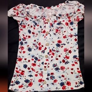 No Boundaries ✿-~ Pretty White Floral Short Sleeve Peasant Blouse Small